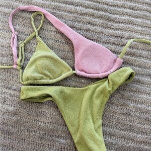 Two-Tone Pink & Olive Green Textured Bikini Set